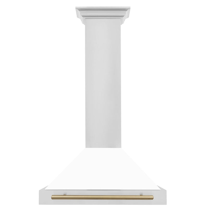 ZLINE Autograph Edition 30 in. Convertible Stainless Steel Range Hood with White Matte Shell and Champagne Bronze Accents (KB4STZ-WM30-CB) front.