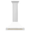 ZLINE Autograph Edition 30 in. Convertible Stainless Steel Range Hood with White Matte Shell and Polished Gold Accents (KB4STZ-WM30-G) front.