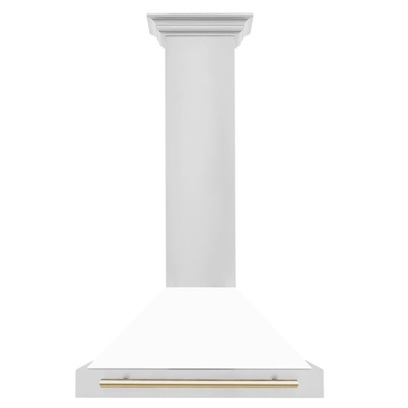 ZLINE Autograph Edition 30 in. Convertible Stainless Steel Range Hood with White Matte Shell and Polished Gold Accents (KB4STZ-WM30-G) front.