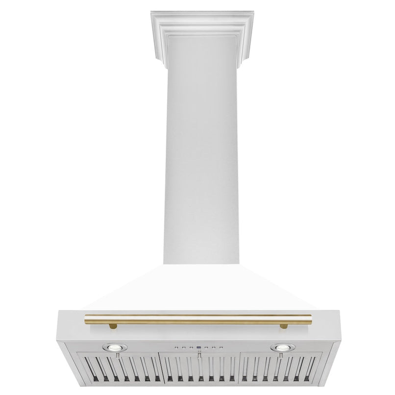 ZLINE Autograph Edition 30 in. Convertible Stainless Steel Range Hood with White Matte Shell and Polished Gold Accents (KB4STZ-WM30-G) under.