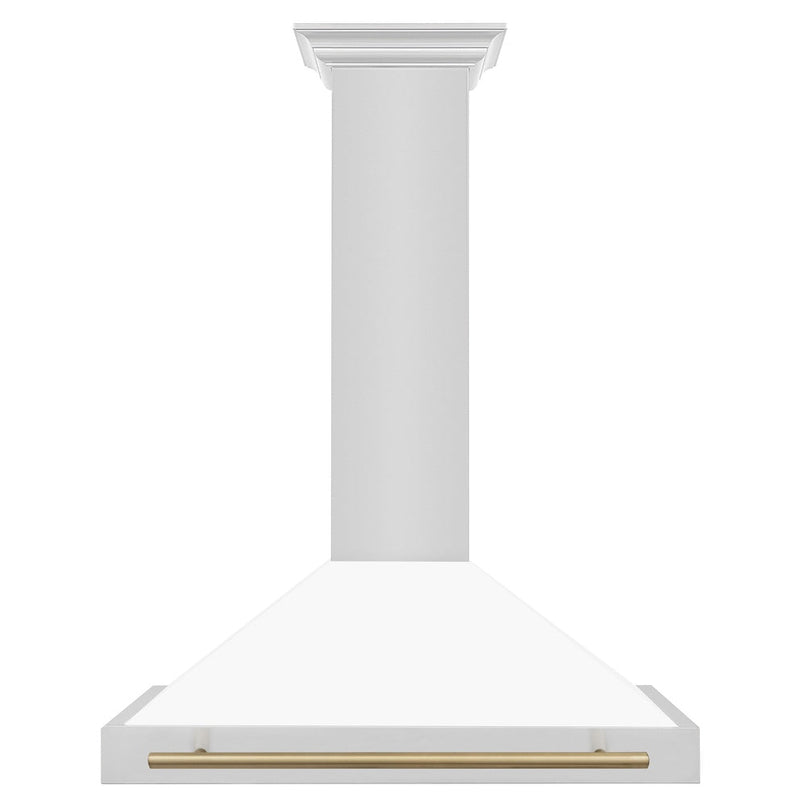ZLINE Autograph Edition 36 in. Convertible Stainless Steel Range Hood with White Matte Shell and Champagne Bronze Accents (KB4STZ-WM36-CB) front.