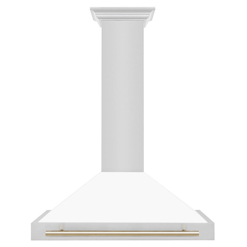 ZLINE Autograph Edition 36 in. Convertible Stainless Steel Range Hood with White Matte Shell and Polished Gold Accents (KB4STZ-WM36-G) front.