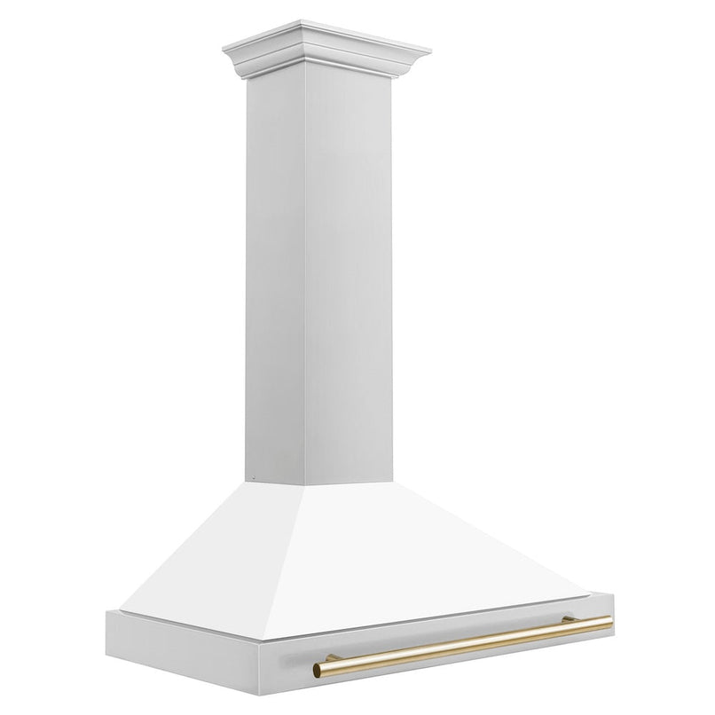 ZLINE Autograph Edition 36 in. Convertible Stainless Steel Range Hood with White Matte Shell and Polished Gold Accents (KB4STZ-WM36-G) side.