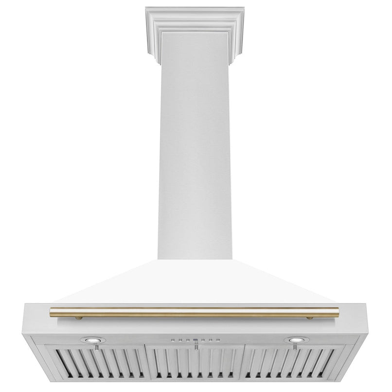 ZLINE Autograph Edition 36 in. Convertible Stainless Steel Range Hood with White Matte Shell and Polished Gold Accents (KB4STZ-WM36-G) under.