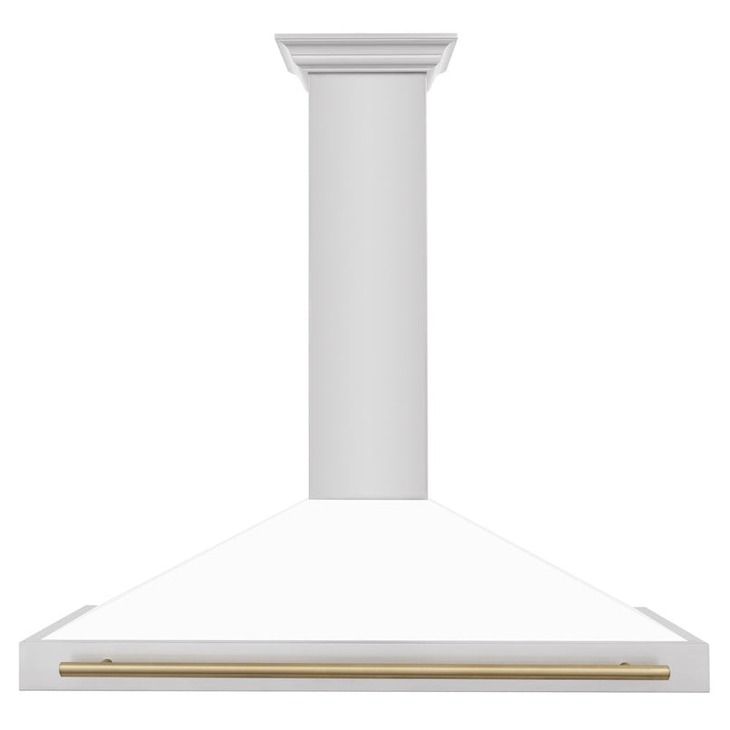 ZLINE Autograph Edition 48 in. Convertible Stainless Steel Range Hood with White Matte Shell and Champagne Bronze Accents (KB4STZ-WM48-CB) front.