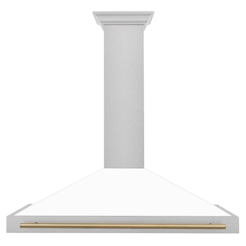 ZLINE Autograph Edition 48 in. Convertible Satin Stainless Steel Wall Mount Range Hood with White Matte Shell and Champagne Bronze Handle (KB4SNZ-WM48-CB) front.