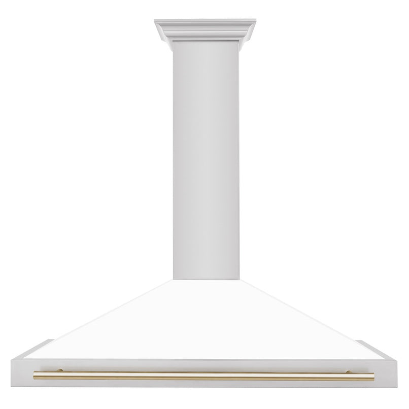 ZLINE Autograph Edition 48 in. Convertible Stainless Steel Range Hood with White Matte Shell and Polished Gold Accents (KB4STZ-WM48-G) front.