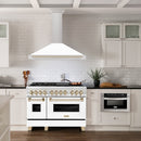 ZLINE Autograph Edition 48 in. Convertible Stainless Steel Range Hood with White Matte Shell and Polished Gold Accents (KB4STZ-WM48-G) in a luxury kitchen.
