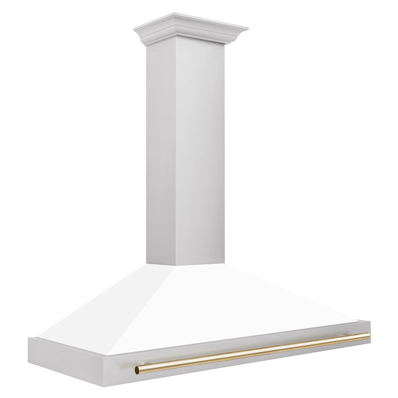 ZLINE Autograph Edition 48 in. Convertible Stainless Steel Range Hood with White Matte Shell and Polished Gold Accents (KB4STZ-WM48-G) side.