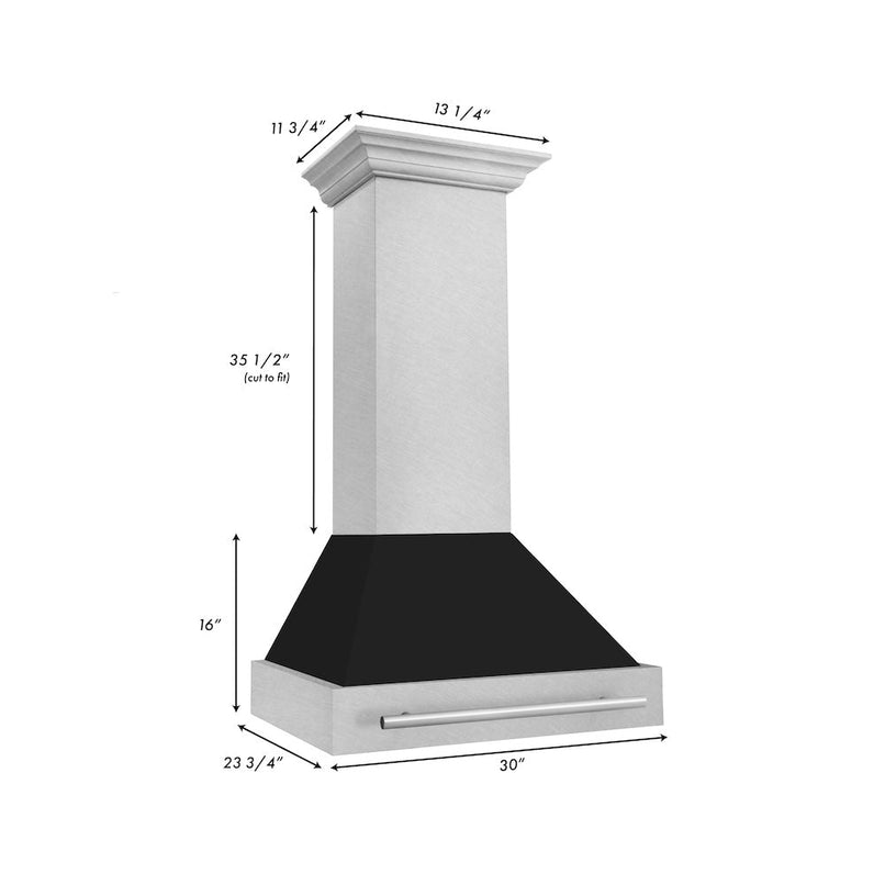 ZLINE 30 in. Satin Stainless Steel Wall Mount Range Hood with Black Matte Shell and Stainless Steel Handle (8654SNX-BLM-30) dimensional diagram.
