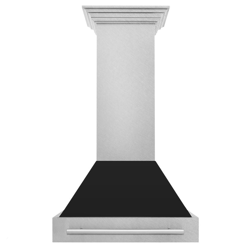 ZLINE 30 in. Satin Stainless Steel Wall Mount Range Hood with Black Matte Shell and Stainless Steel Handle (8654SNX-BLM-30) front.