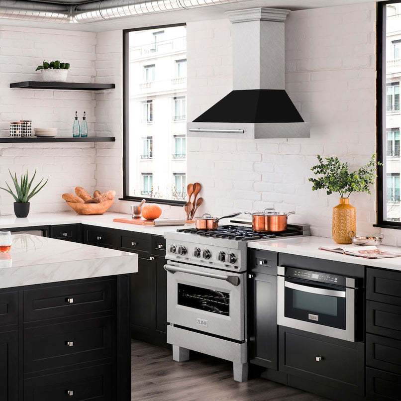 ZLINE 30 in. Satin Stainless Steel Wall Mount Range Hood with Black Matte Shell and Stainless Steel Handle (8654SNX-BLM-30) in a luxury kitchen.
