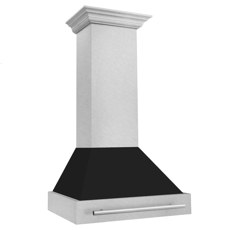 ZLINE 30 in. Satin Stainless Steel Wall Mount Range Hood with Black Matte Shell and Stainless Steel Handle (8654SNX-BLM-30) side.