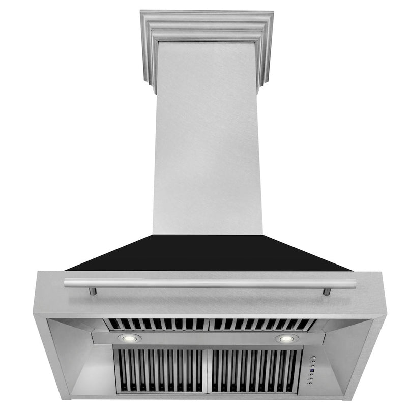 ZLINE 36 in. Satin Stainless Steel Wall Mount Range Hood with Black Matte Shell and Stainless Steel Handle (8654SNX-BLM-36) front, under.