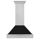 ZLINE 36 in. Satin Stainless Steel Wall Mount Range Hood with Black Matte Shell and Stainless Steel Handle (8654SNX-BLM-36) front.