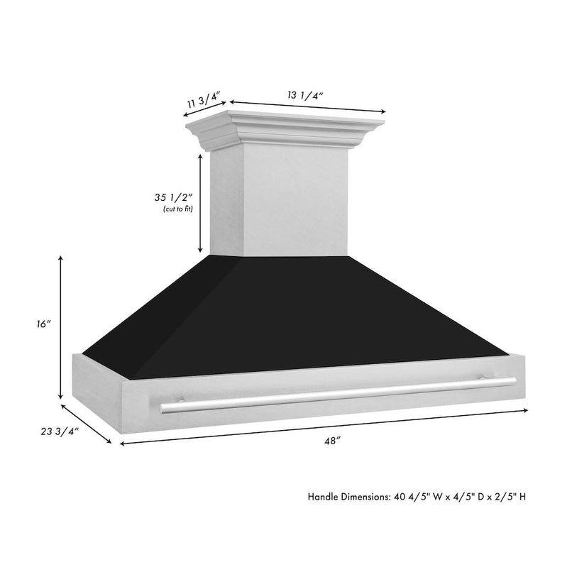ZLINE 48 in. Satin Stainless Steel Wall Mount Range Hood with Black Matte Shell and Stainless Steel Handle (8654SNX-BLM-48) dimensional diagram.