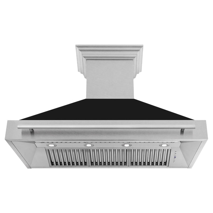 ZLINE 48 in. Satin Stainless Steel Wall Mount Range Hood with Black Matte Shell and Stainless Steel Handle (8654SNX-BLM-48) front, under.