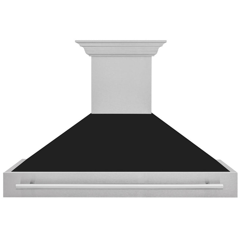 ZLINE 48 in. Satin Stainless Steel Wall Mount Range Hood with Black Matte Shell and Stainless Steel Handle (8654SNX-BLM-48) front.