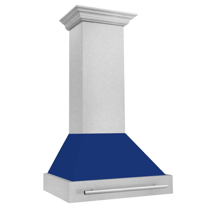 ZLINE 30 in. Satin Stainless Steel Wall Mount Range Hood with Blue Gloss Shell and Stainless Steel Handle (8654SNX-BG30) side.