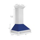 ZLINE 36 in. Satin Stainless Steel Wall Mount Range Hood with Blue Gloss Shell and Stainless Steel Handle (8654SNX-BG36) dimensional diagram.