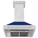 ZLINE 36 in. Satin Stainless Steel Wall Mount Range Hood with Blue Gloss Shell and Stainless Steel Handle (8654SNX-BG36) front, under.
