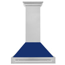 ZLINE 36 in. Satin Stainless Steel Wall Mount Range Hood with Blue Gloss Shell and Stainless Steel Handle (8654SNX-BG36) front.