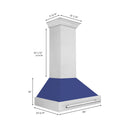 ZLINE 36 in. Satin Stainless Steel Wall Mount Range Hood with Blue Matte Shell and Stainless Steel Handle (8654SNX-BM-36) dimensional diagram.