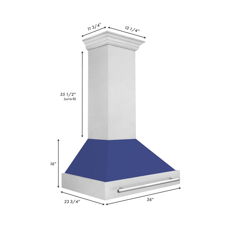 ZLINE 36 in. Satin Stainless Steel Wall Mount Range Hood with Blue Matte Shell and Stainless Steel Handle (8654SNX-BM-36) dimensional diagram.