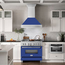 ZLINE 36 in. Satin Stainless Steel Wall Mount Range Hood with Blue Matte Shell and Stainless Steel Handle (8654SNX-BM-36) in a luxury kitchen.