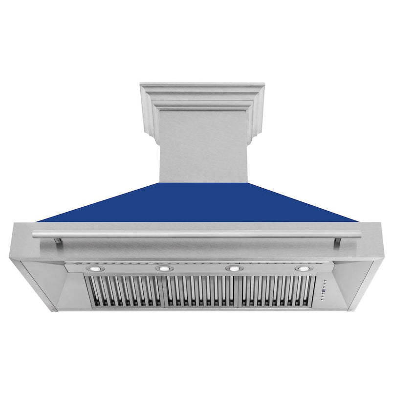 ZLINE 48 in. Satin Stainless Steel Wall Mount Range Hood with Blue Matte Shell and Stainless Steel Handle (8654SNX-BM-48) front, under.