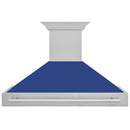 ZLINE 48 in. Satin Stainless Steel Wall Mount Range Hood with Blue Matte Shell and Stainless Steel Handle (8654SNX-BM-48) front.