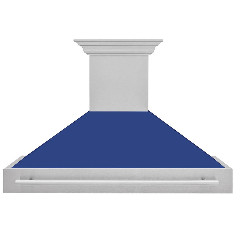 ZLINE 48 in. Satin Stainless Steel Wall Mount Range Hood with Blue Matte Shell and Stainless Steel Handle (8654SNX-BM-48) front.