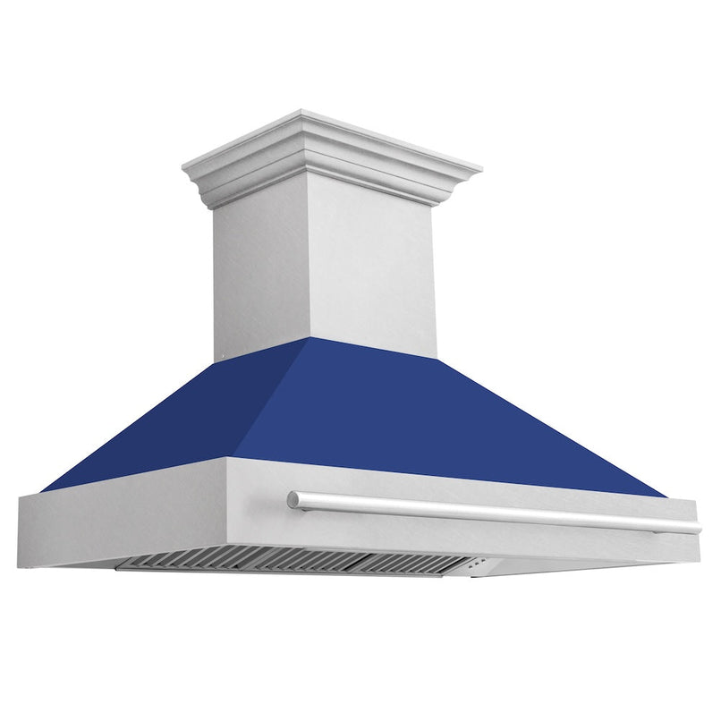 ZLINE 48 in. Satin Stainless Steel Wall Mount Range Hood with Blue Matte Shell and Stainless Steel Handle (8654SNX-BM-48)