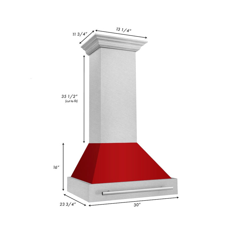 ZLINE 30 in. Satin Stainless Steel Wall Mount Range Hood with Red Gloss Shell and Stainless Steel Handle (8654SNX-RG-30) dimensional diagram.