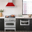 ZLINE 30 in. Satin Stainless Steel Wall Mount Range Hood with Red Gloss Shell and Stainless Steel Handle (8654SNX-RG-30) in a luxury kitchen.