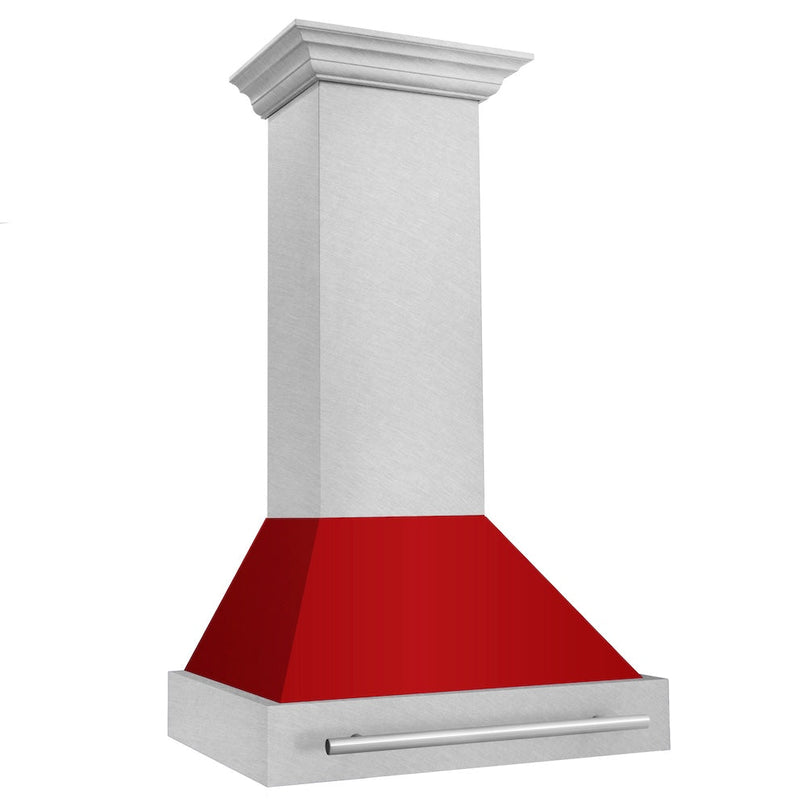 ZLINE 30 in. Satin Stainless Steel Wall Mount Range Hood with Red Gloss Shell and Stainless Steel Handle (8654SNX-RG-30) side.