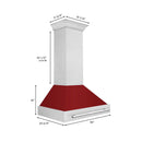ZLINE 36 in. Satin Stainless Steel Wall Mount Range Hood with Red Gloss Shell and Stainless Steel Handle (8654SNX-RG-36) dimensional diagram.
