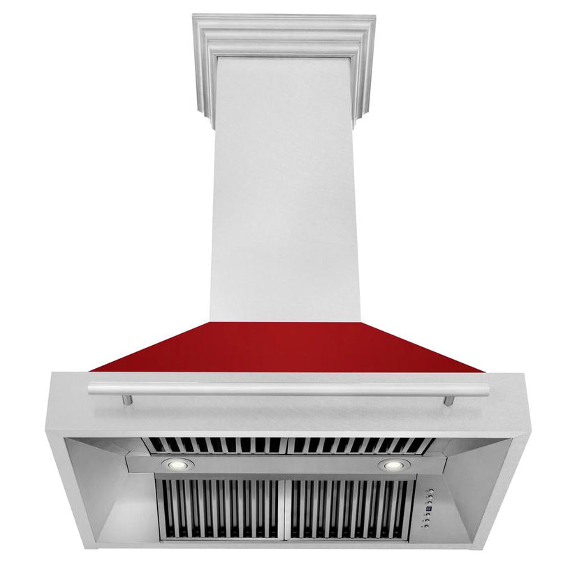 ZLINE 36 in. Satin Stainless Steel Wall Mount Range Hood with Red Gloss Shell and Stainless Steel Handle (8654SNX-RG-36) front, under.