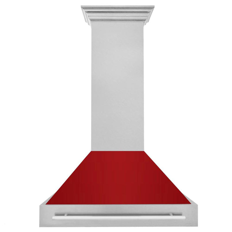 ZLINE 36 in. Satin Stainless Steel Wall Mount Range Hood with Red Gloss Shell and Stainless Steel Handle (8654SNX-RG-36) front.