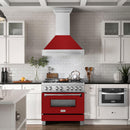 ZLINE 36 in. Satin Stainless Steel Wall Mount Range Hood with Red Gloss Shell and Stainless Steel Handle (8654SNX-RG-36) in a luxury kitchen.