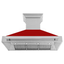 ZLINE 48 in. Satin Stainless Steel Wall Mount Range Hood with Red Gloss Shell and Stainless Steel Handle (8654SNX-RG-48) front, under.