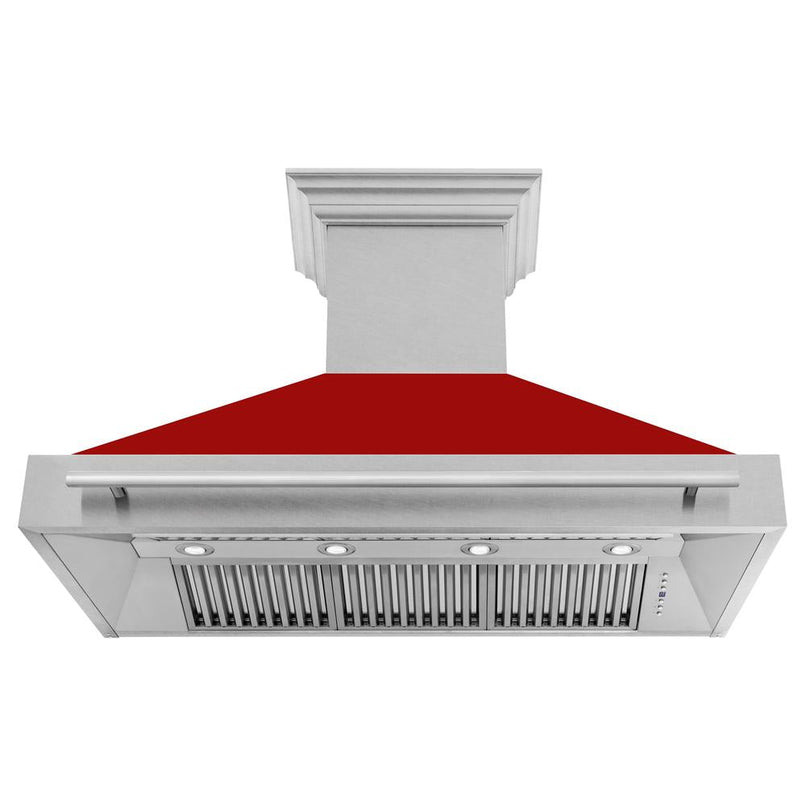 ZLINE 48 in. Satin Stainless Steel Wall Mount Range Hood with Red Gloss Shell and Stainless Steel Handle (8654SNX-RG-48) front, under.