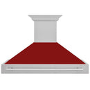 ZLINE 48 in. Satin Stainless Steel Wall Mount Range Hood with Red Gloss Shell and Stainless Steel Handle (8654SNX-RG-48) front.