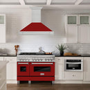 ZLINE 48 in. Satin Stainless Steel Wall Mount Range Hood with Red Gloss Shell and Stainless Steel Handle (8654SNX-RG-48) in a luxury kitchen.