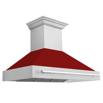 ZLINE 48 in. Satin Stainless Steel Wall Mount Range Hood with Red Gloss Shell and Stainless Steel Handle (8654SNX-RG-48)