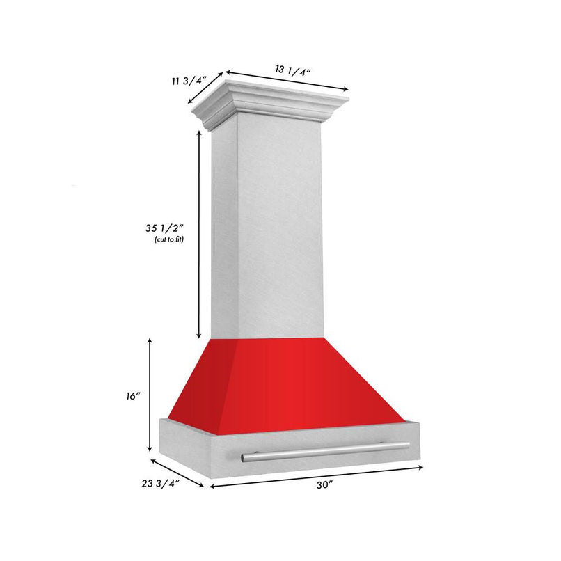 ZLINE 30 in. Satin Stainless Steel Wall Mount Range Hood with Red Matte Shell and Stainless Steel Handle (8654SNX-RM-30) dimensional diagram.
