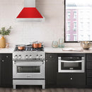 ZLINE 30 in. Satin Stainless Steel Wall Mount Range Hood with Red Matte Shell and Stainless Steel Handle (8654SNX-RM-30) in a luxury kitchen.