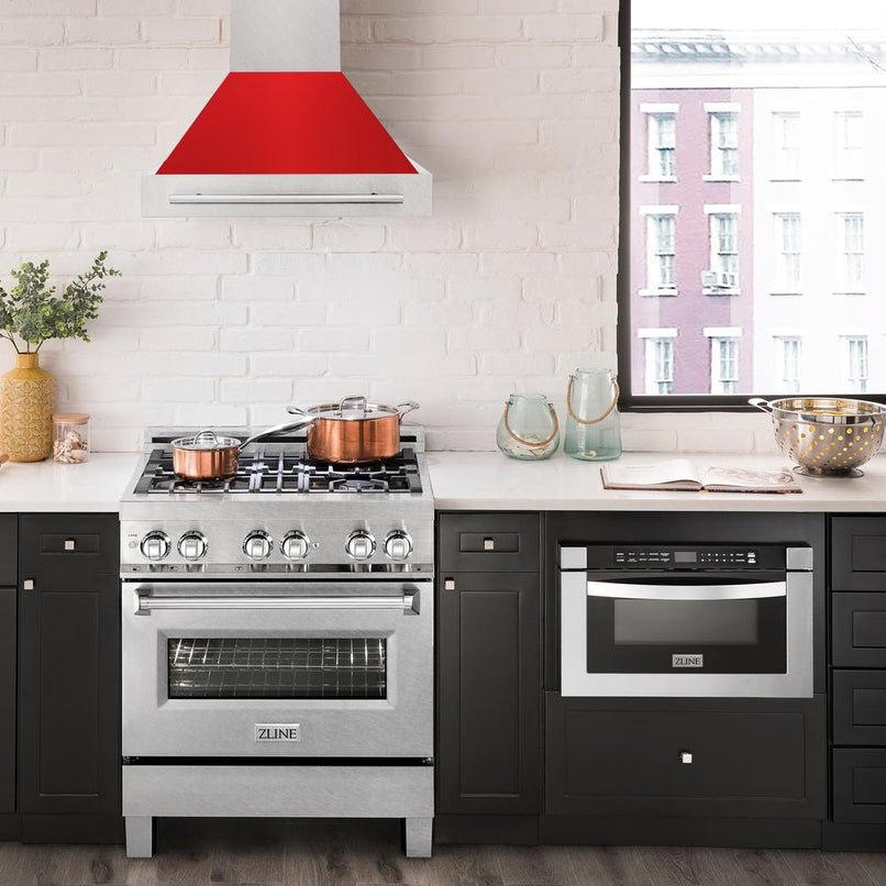 ZLINE 30 in. Satin Stainless Steel Wall Mount Range Hood with Red Matte Shell and Stainless Steel Handle (8654SNX-RM-30) in a luxury kitchen.