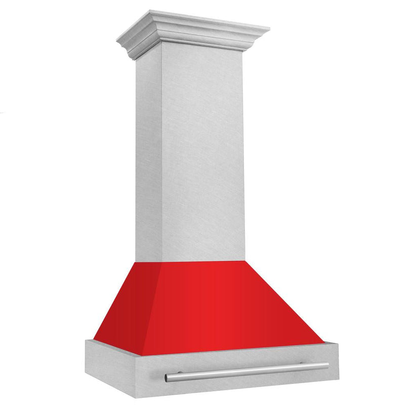 ZLINE 30 in. Satin Stainless Steel Wall Mount Range Hood with Red Matte Shell and Stainless Steel Handle (8654SNX-RM-30) side.