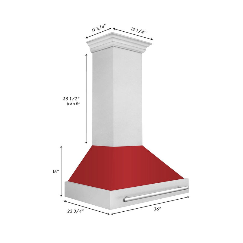 ZLINE 36 in. Satin Stainless Steel Wall Mount Range Hood with Red Matte Shell and Stainless Steel Handle (8654SNX-RM-36) dimensional diagram.